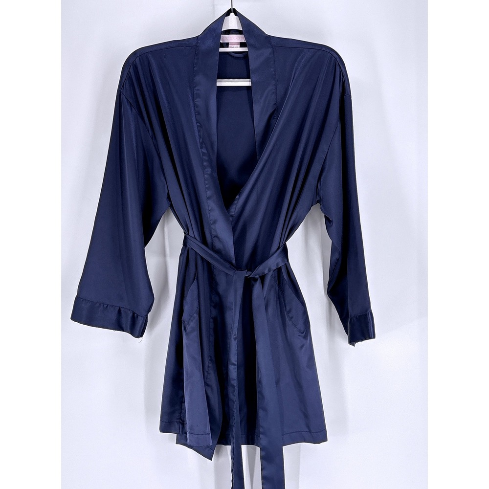 Victoria's Secret Kimono Robe Womens O/S Navy Blue Tie Waist Satin - Picture 2 of 7